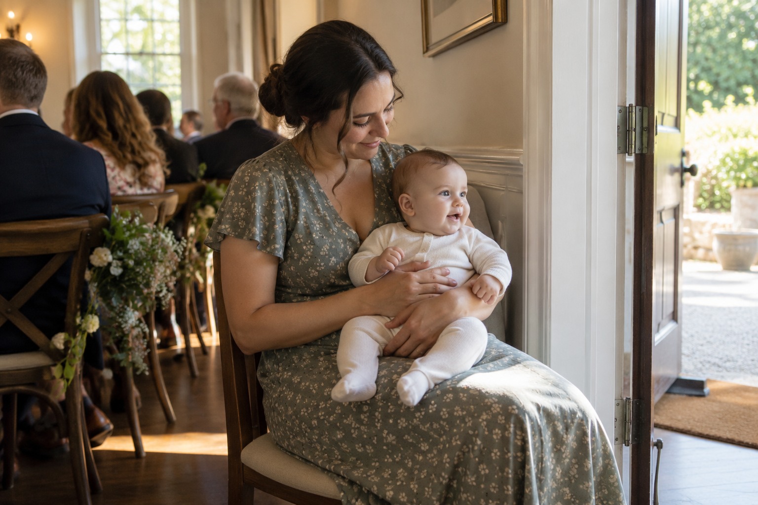 An adult caregiver gently holding a baby beside the back row of ceremony chairs