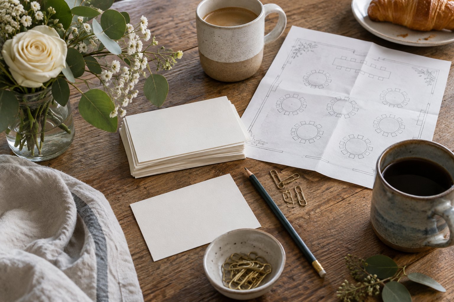 Blank cue cards, a pencil and paper clips on a wedding planning table