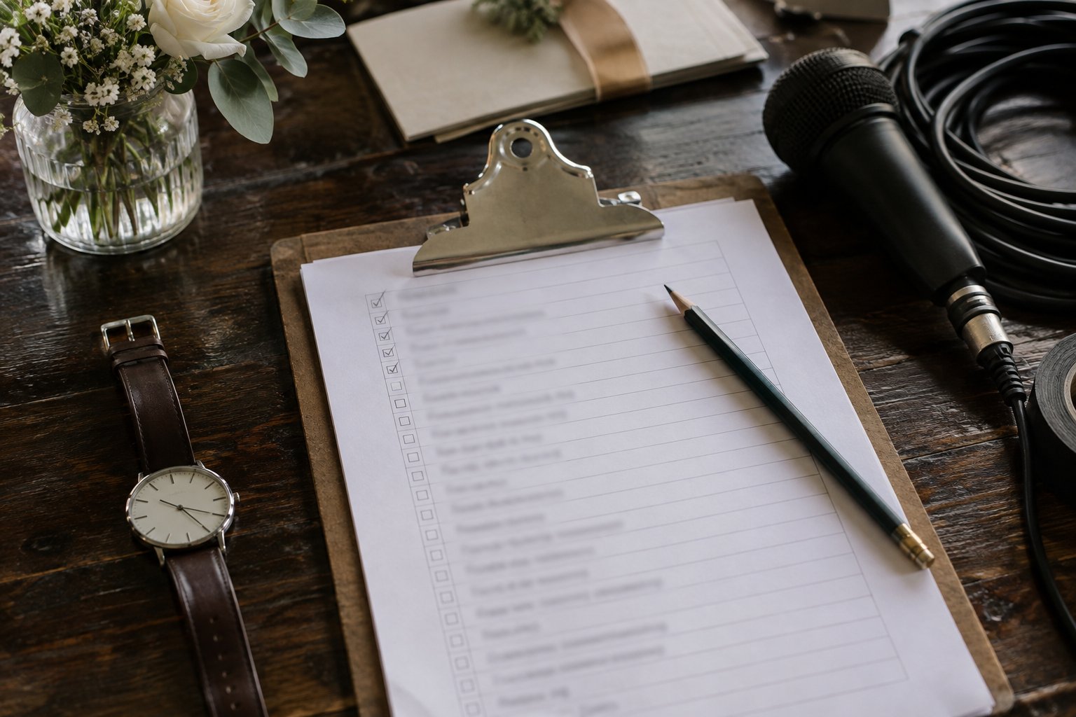 A ceremony checklist on a clipboard beside a watch and microphone cable