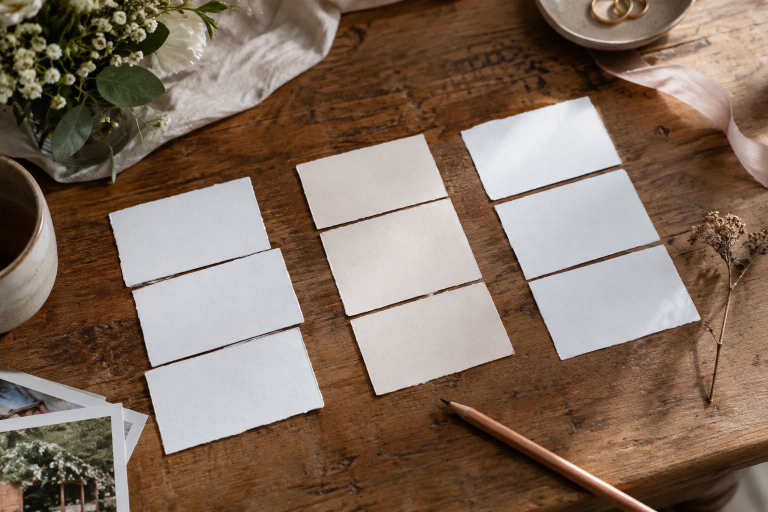 Three short arrangements of ceremony cue cards on a wooden table
