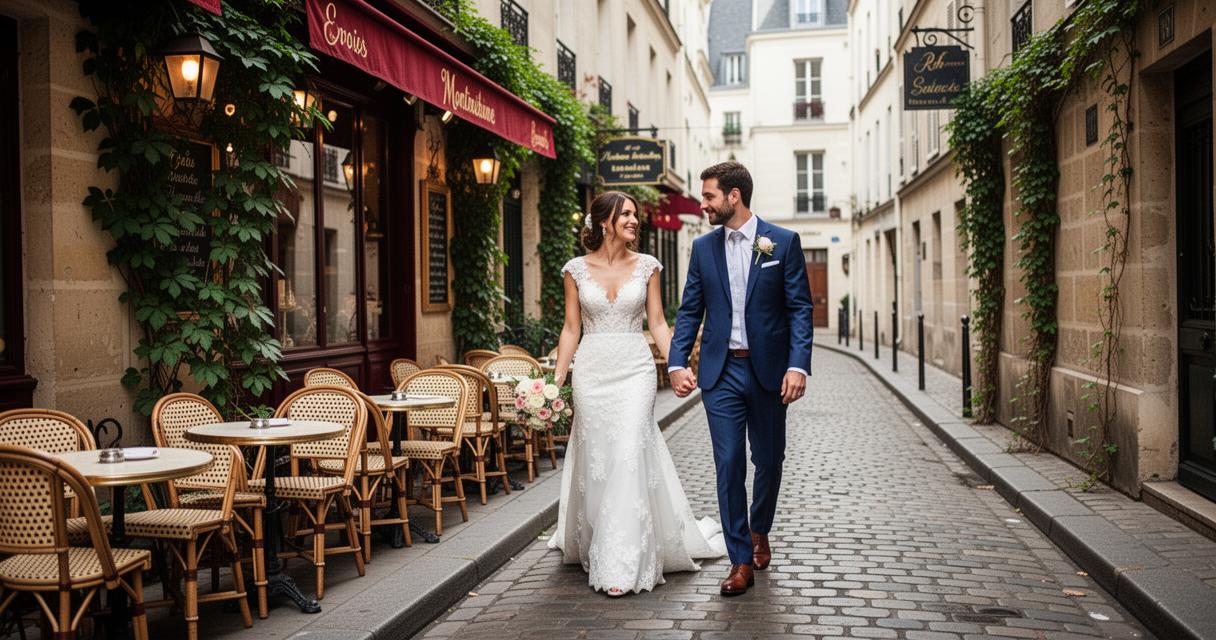 A wedding couple walking hand in hand along a Paris street