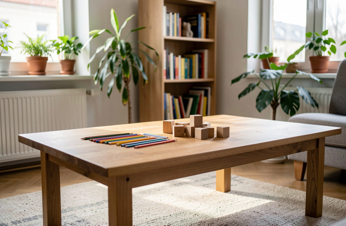 A low wooden coffee table in a Prague living room, coloured pencils and building blocks arranged on its surface, daylight from two windows falling across the table, a bookshelf and houseplants softly out of focus behind it