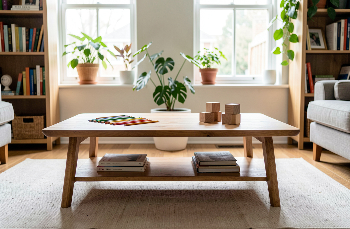A low wooden coffee table in a bright living room, coloured pencils and wooden blocks on its surface, two windows behind it, a bookshelf and houseplants in the background, no readable text, daylight, medium shot.