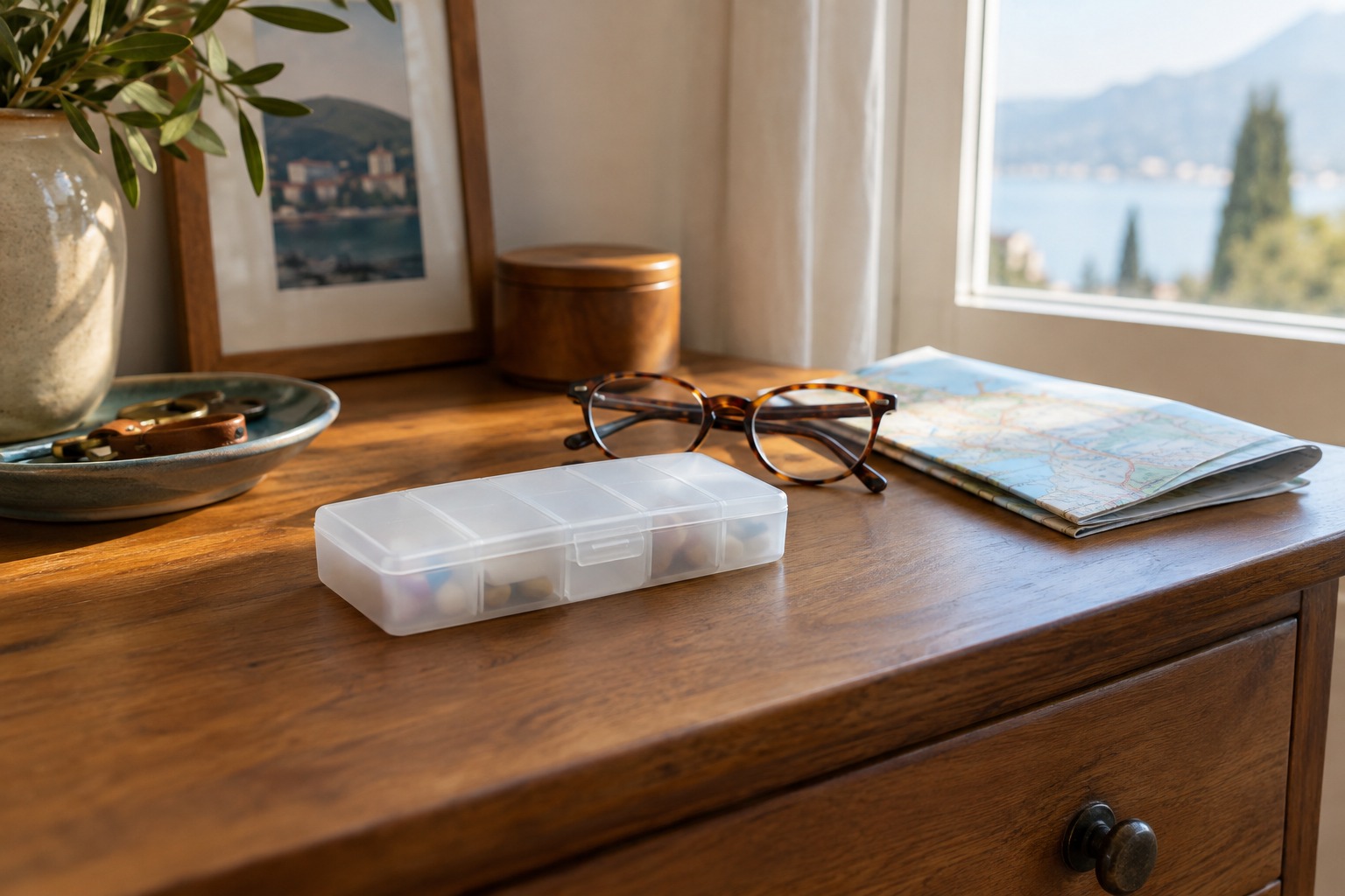 A closed pill organizer and reading glasses beside a folded travel map