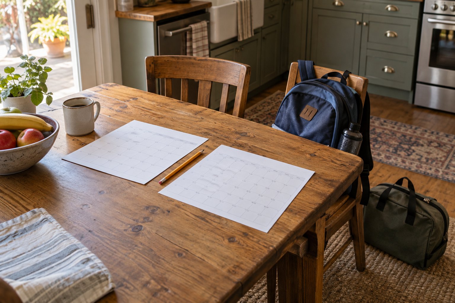 Two calendars and a school backpack beside a family kitchen table