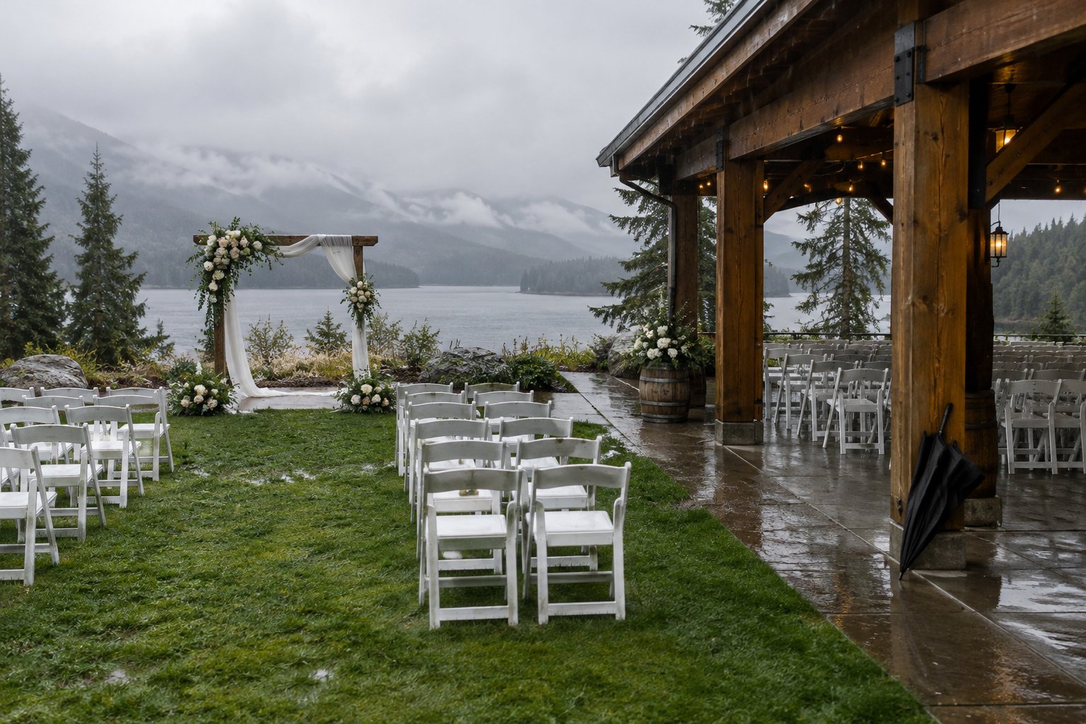 Wedding ceremony chairs beside a covered pavilion on a rainy afternoon